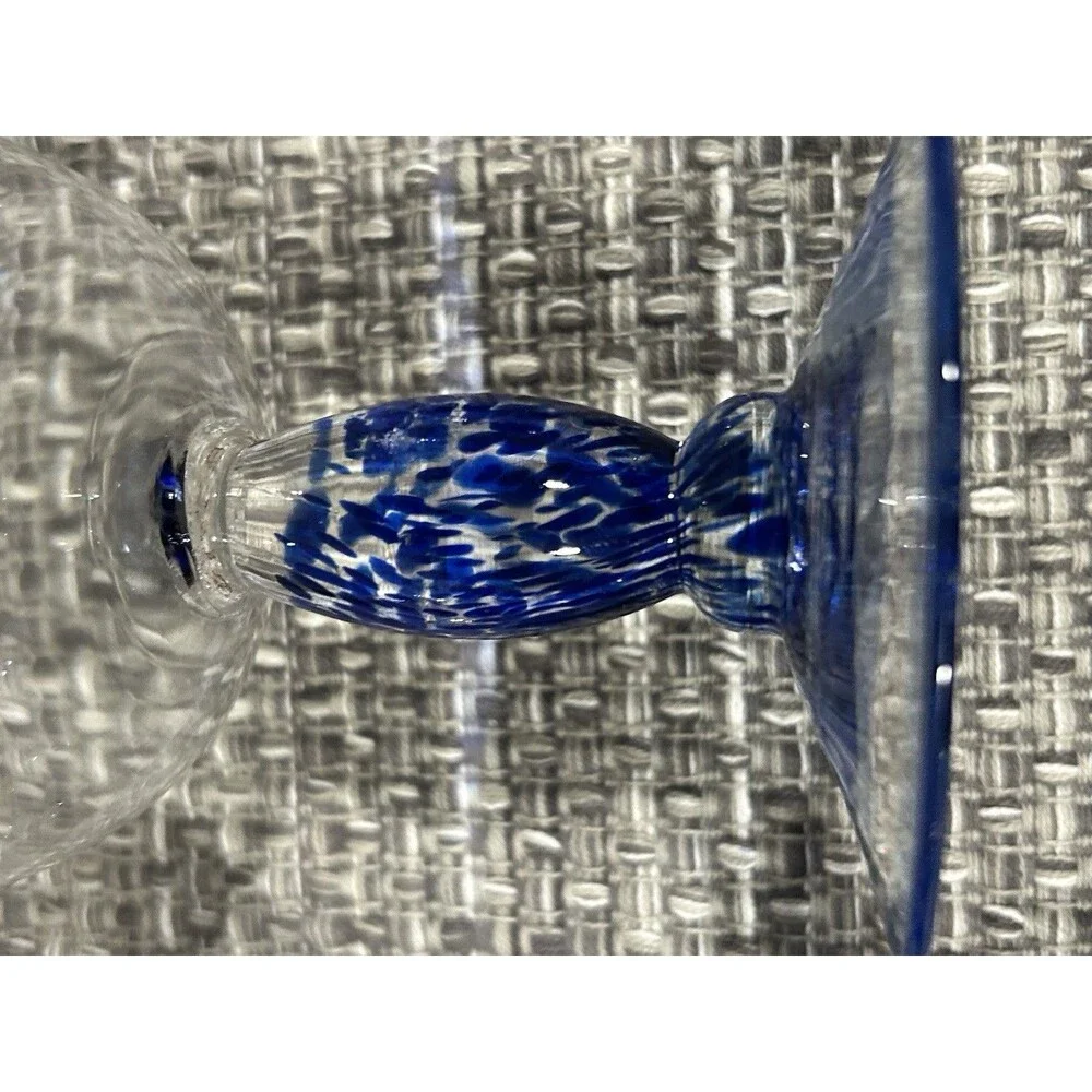 Hand Blown Glass Wine Glasses Cobalt Blue Swirl Speckled Stems Set Of 3 Ht 8.5